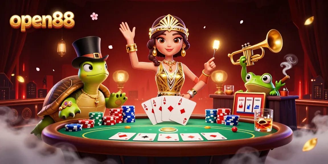 Join the excitement at open88, featuring playful casino characters in a lively poker setting.