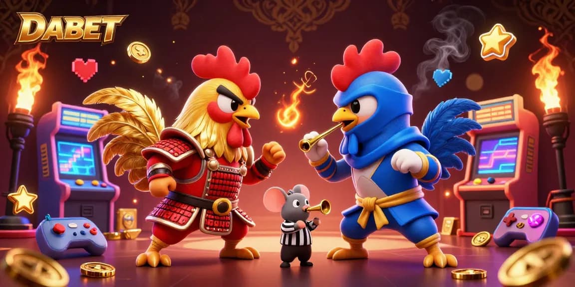 DABET showcases a thrilling duel of fighting roosters in a dynamic casino-themed scene filled with arcade game elements.