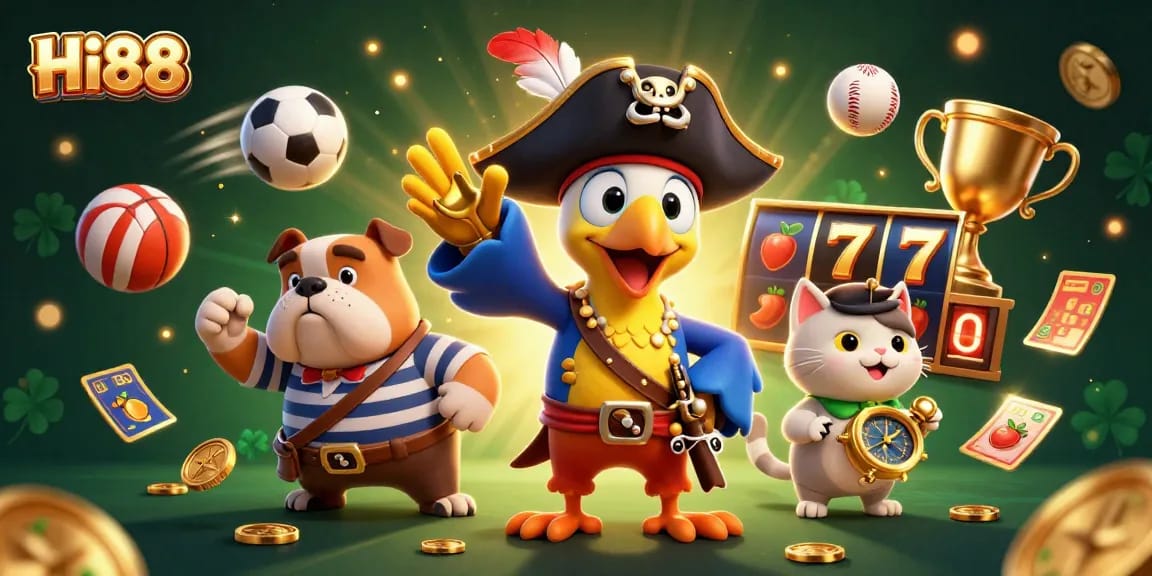 Win at Hi88 with vibrant slot reels and a dynamic pirate adventure surrounding playful characters.