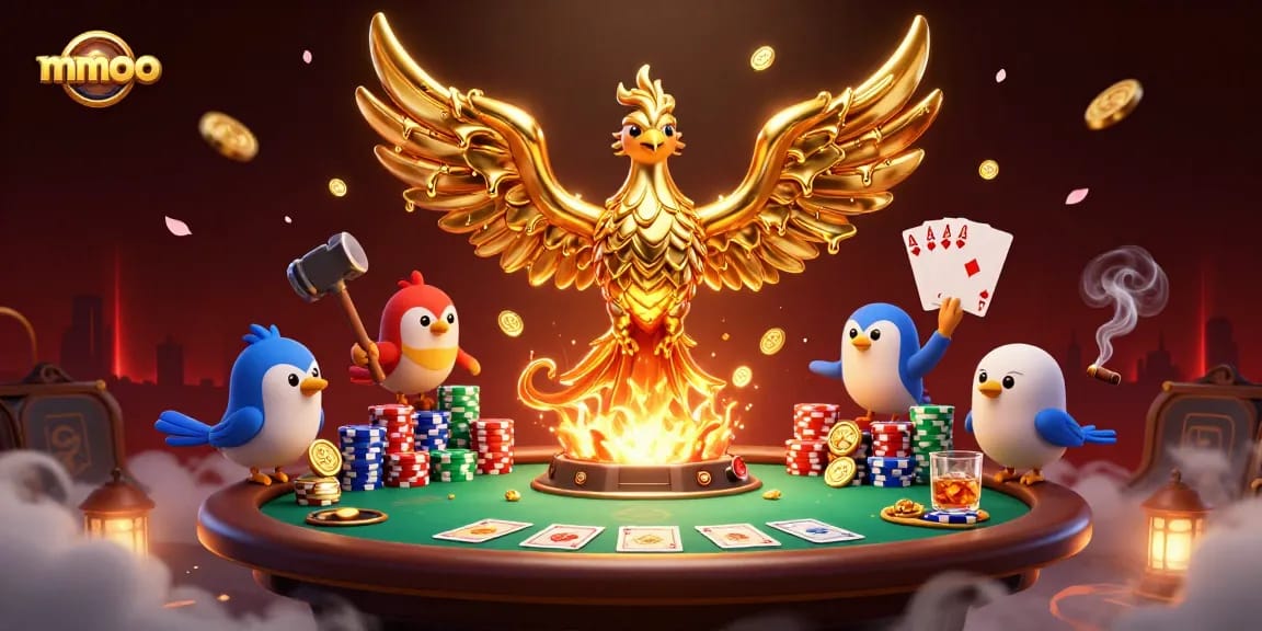 Experience thrilling gameplay at mmoo with golden phoenix emerging from a poker scene filled with vibrant action.