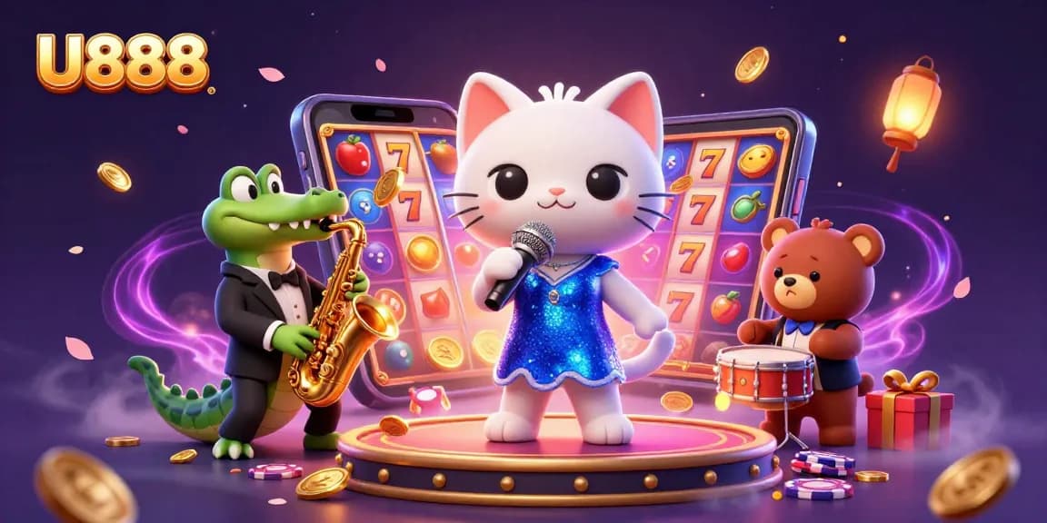 Catch the excitement with U888, featuring a jazzy scene of playful characters celebrating casino wins.