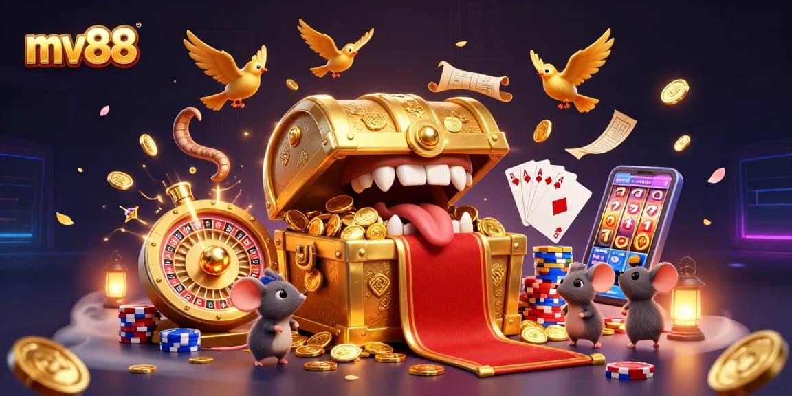 Experience the thrill of mv88 casino with vibrant 3D treasures, spinning roulette, and sparkling gems.