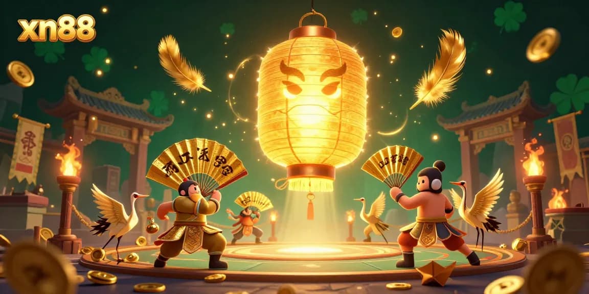Experience the excitement of xn88 casino gaming with vivid illustrations of lantern spirits and golden warriors.