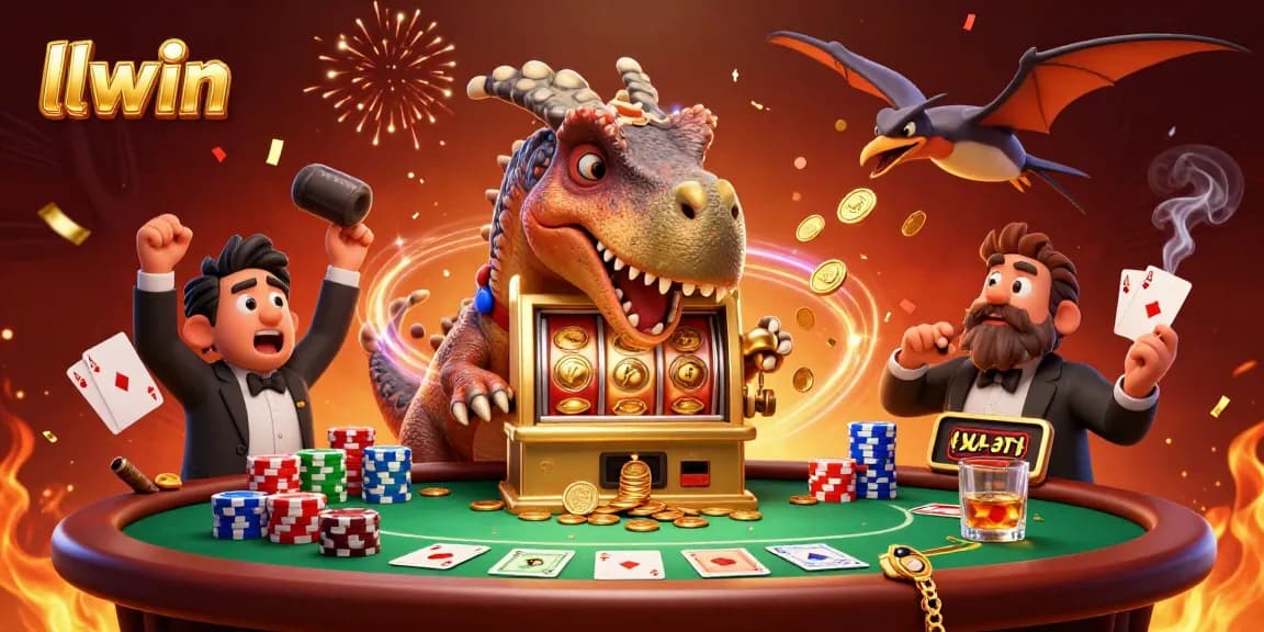 llwin cartoon characters celebrating a jackpot win at a vibrant casino scene.