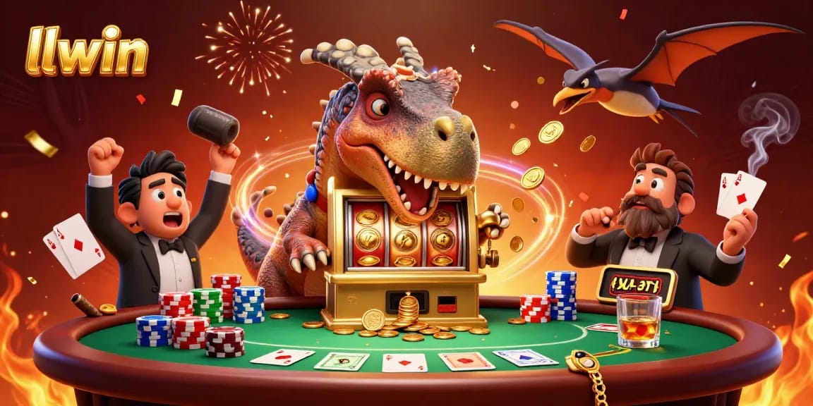 llwin cartoon characters celebrating a jackpot win at a vibrant casino scene.