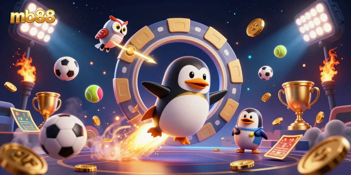 Experience thrilling wins at mb88 with a golden penguin racing through a vibrant casino-themed cosmic adventure.