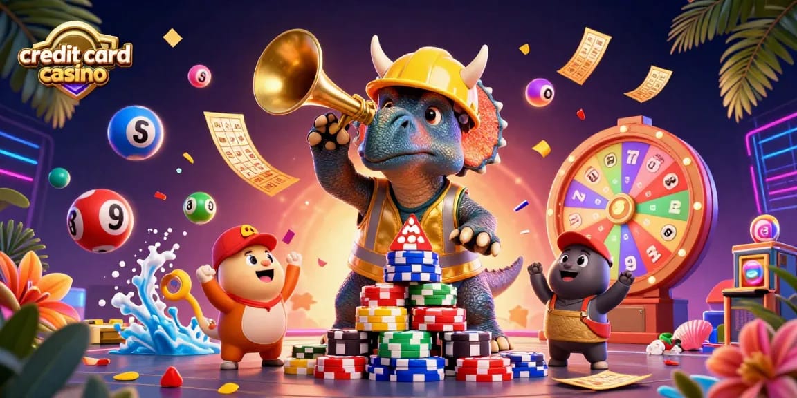 Engaging celebration at a credit card casino, featuring dynamic characters amid colorful lottery elements.