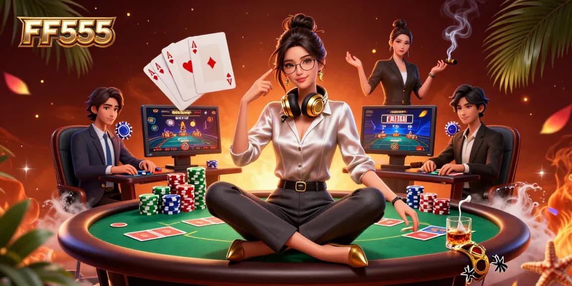 Play thrilling games at FF555 with a stylish Asian woman immersed in an engaging casino setup.