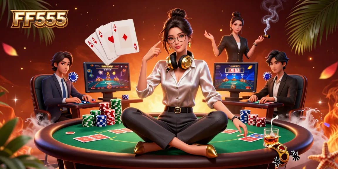 Play thrilling games at FF555 with a stylish Asian woman immersed in an engaging casino setup.