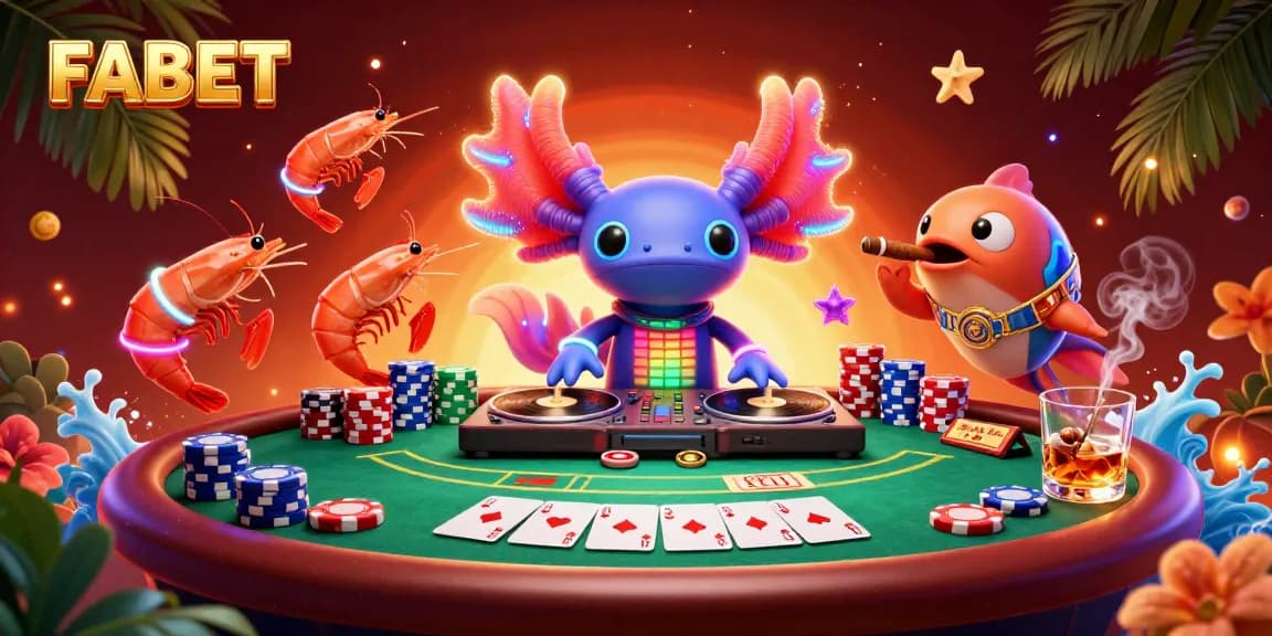 Experience the thrill of FABET with vibrant casino elements and animated characters creating a lively gambling atmosphere.