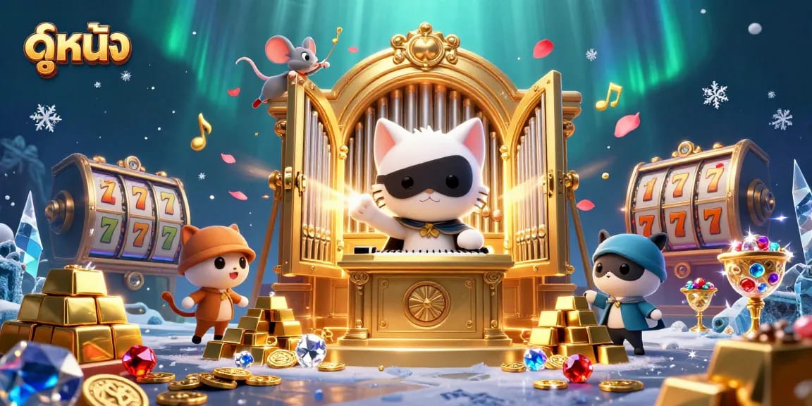 Experience ดูหนัง and casino excitement with a whimsical scene featuring a phantom cat, acrobat mouse, and treasure vault.