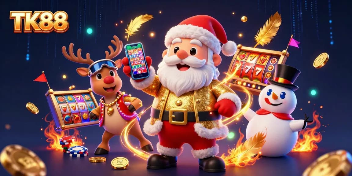 Join TK88's vibrant gaming adventure with Santa and friends celebrating big jackpots!