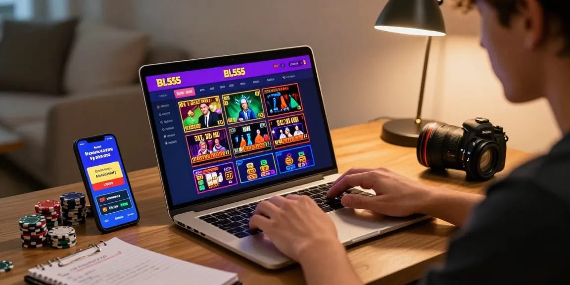 Active user engaging with the BL555 betting platform in a modern home office, showcasing excitement and strategy in online gambling.