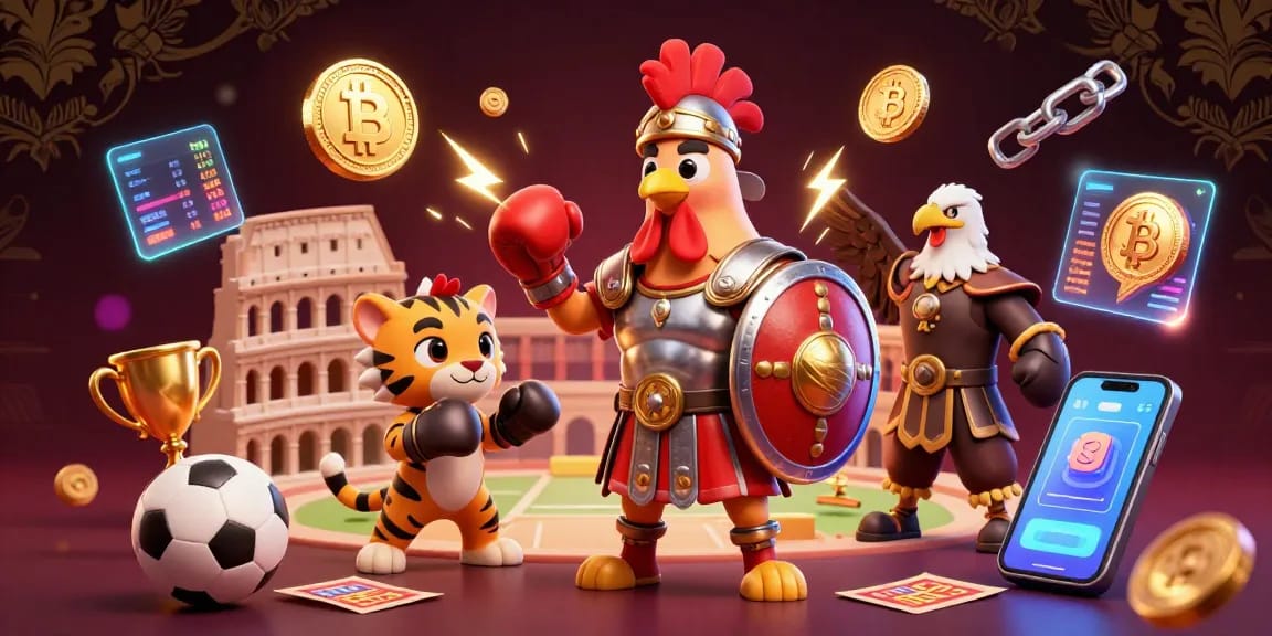 Experience Bongdalu's thrilling sports betting energy with footballs, trophies, and vibrant crypto elements.