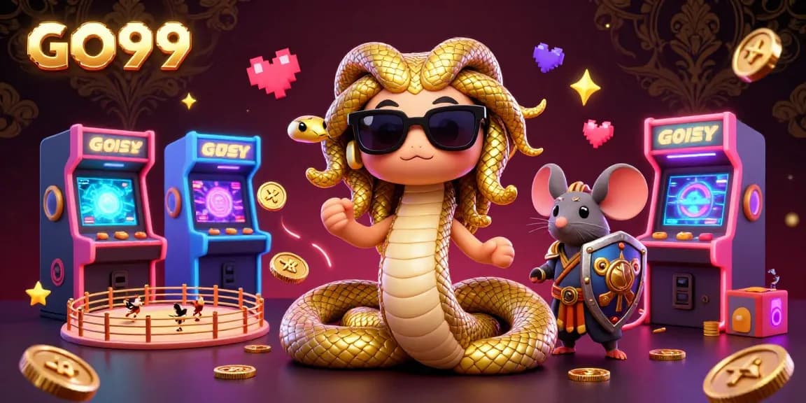 Engage with GO99's lively 3D illustration featuring Medusa and warrior mouse among vibrant arcade elements.