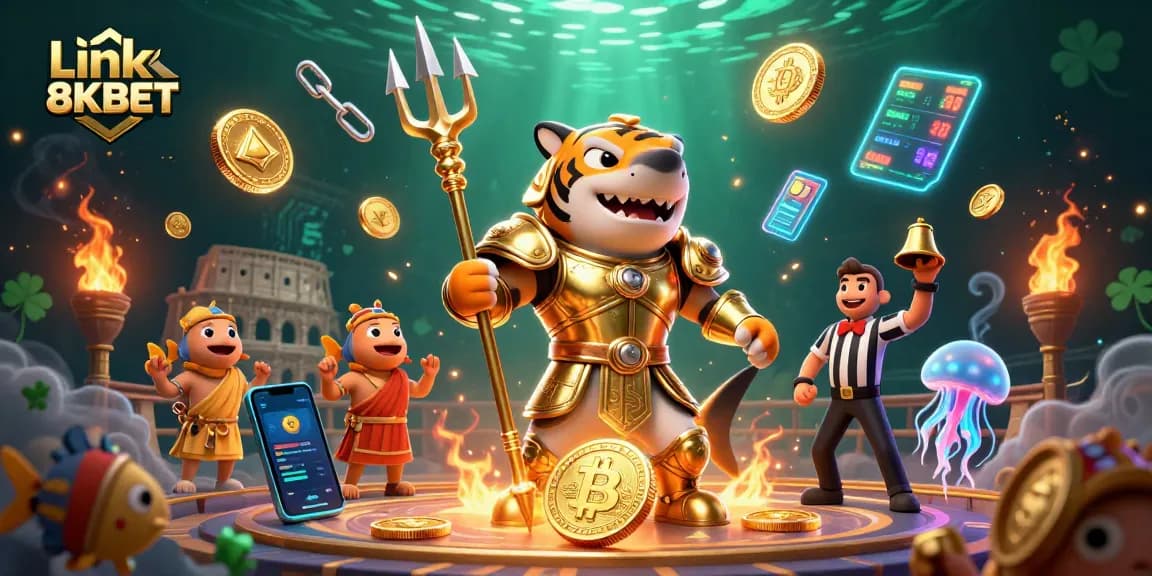Experience Link 8KBET with vibrant 3D underwater casino adventure featuring a tiger shark warrior.