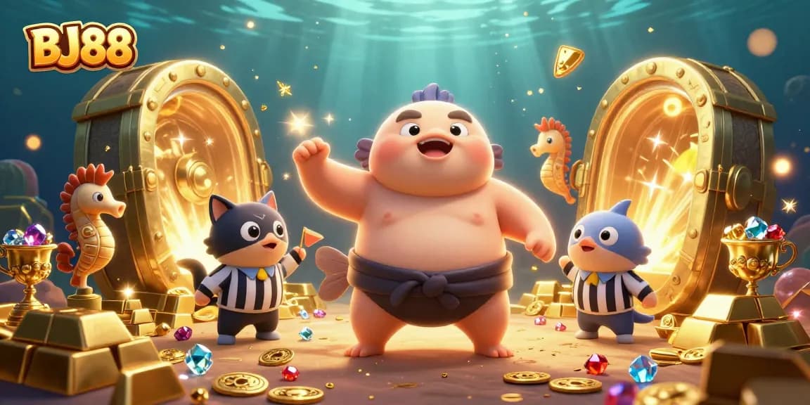 BJ88 blowfish referee and seahorse spectators create an exciting underwater casino scene.