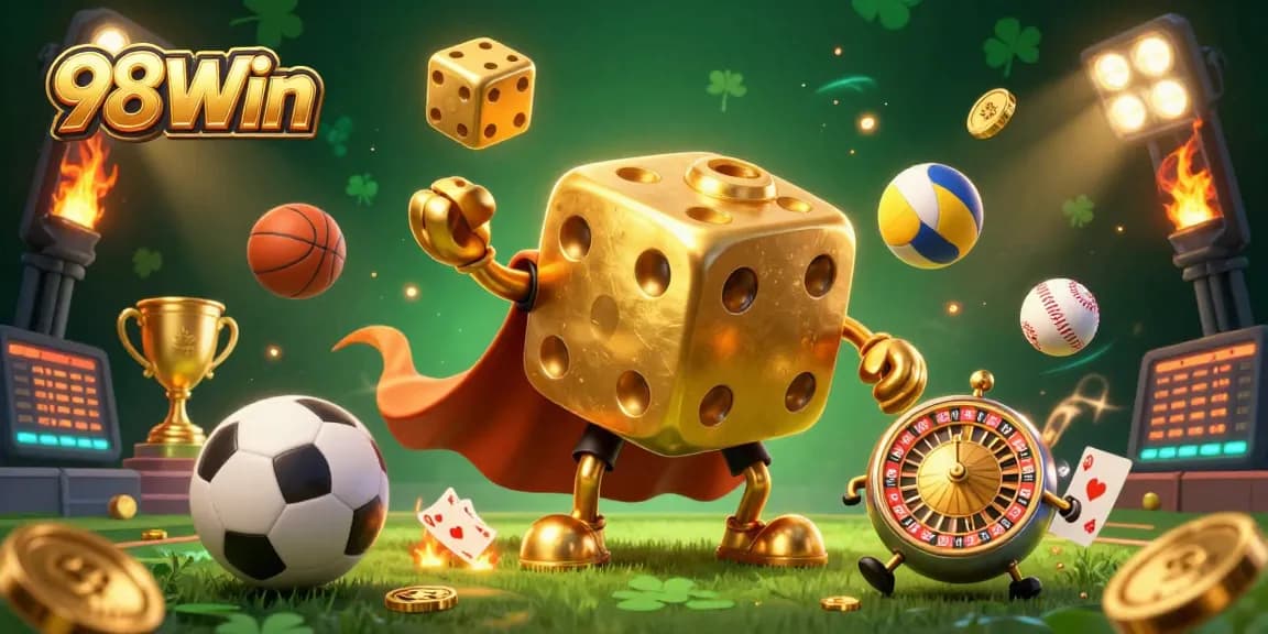 Win big with 98Win's dynamic characters and exciting gambling elements in this vibrant 3D illustration.