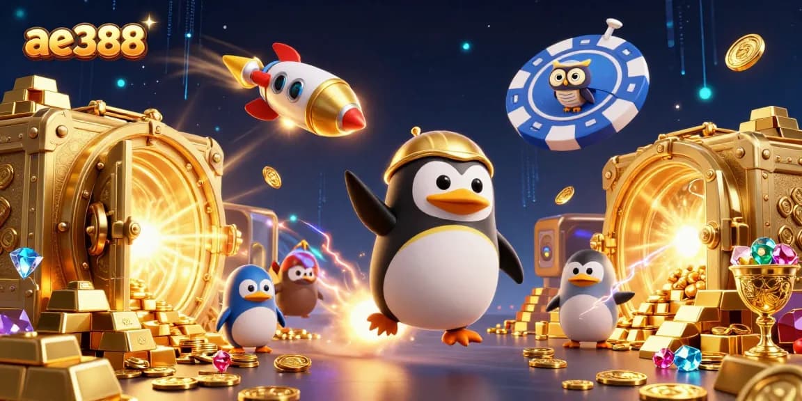 Win big with ae388 as a golden penguin navigates a cosmic casino adventure.