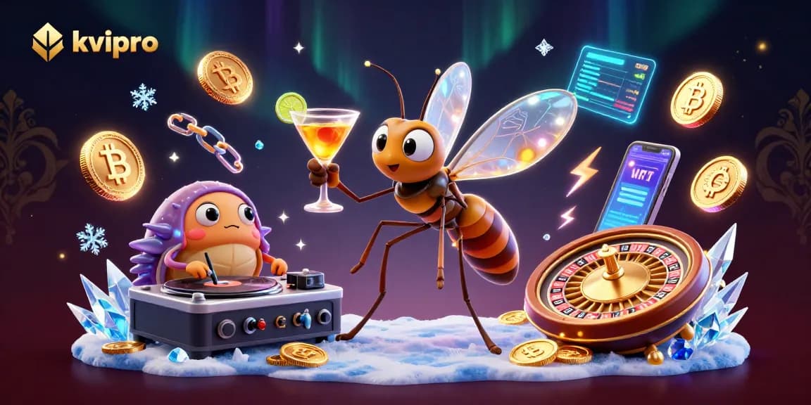 Engage with okvipro's vibrant 3D casino illustration featuring dynamic characters and cryptocurrency themes.