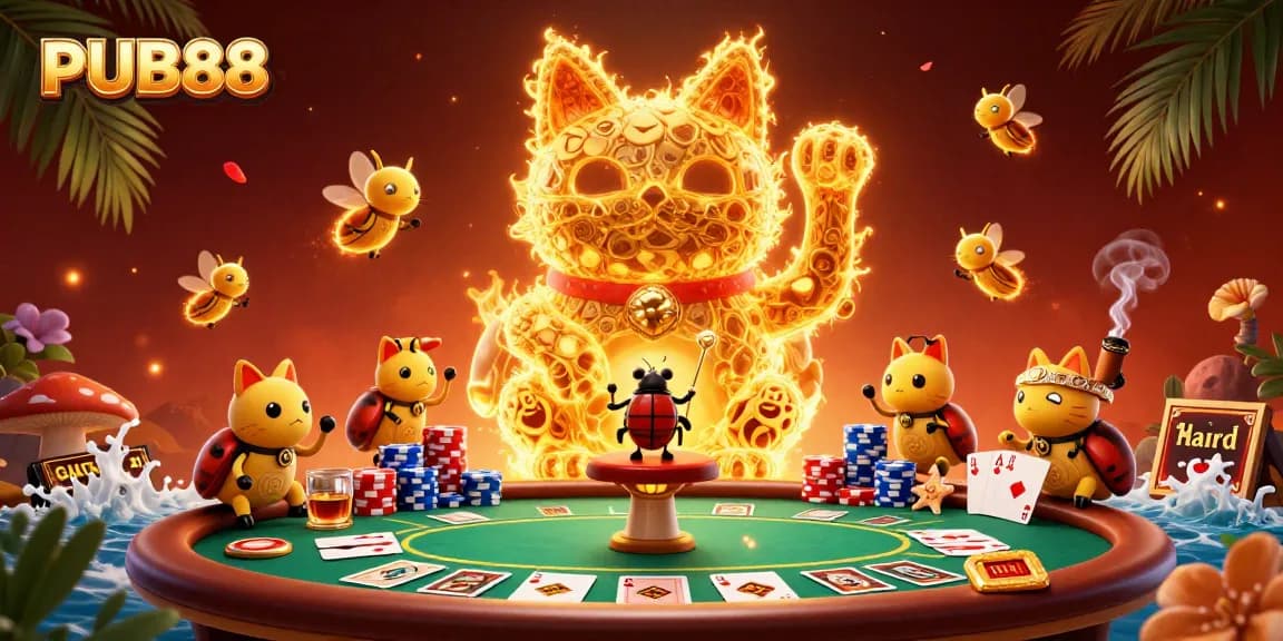 PUB88 showcases a vibrant lucky cat surrounded by casino elements illustrating excitement in gambling.