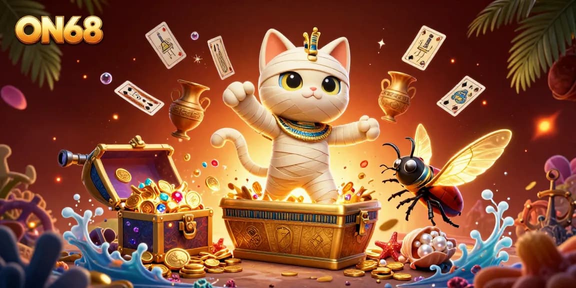 Experience thrilling gaming action with ON68 in a vibrant Egyptian-themed casino scene.