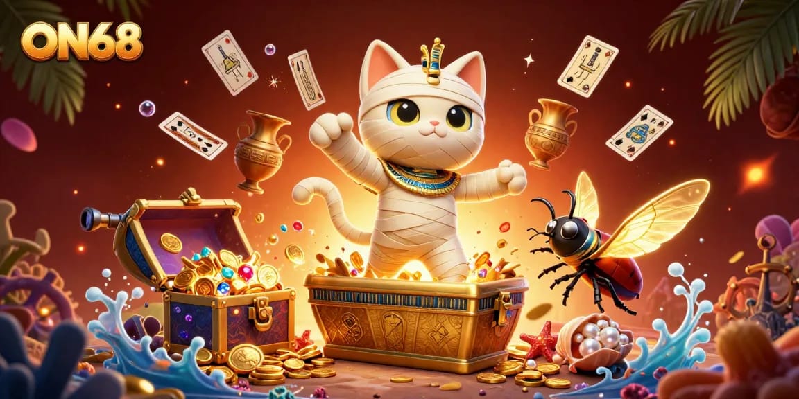 Experience thrilling gaming action with ON68 in a vibrant Egyptian-themed casino scene.