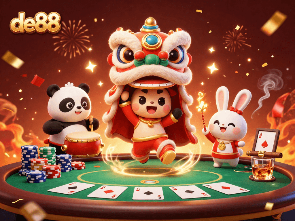 Experience the excitement of de88 with vibrant casino-themed characters and dynamic poker elements.
