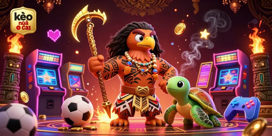 Engage in sports betting strategies with kèo nhà cái and colorful arcade gaming elements in a vibrant scene.
