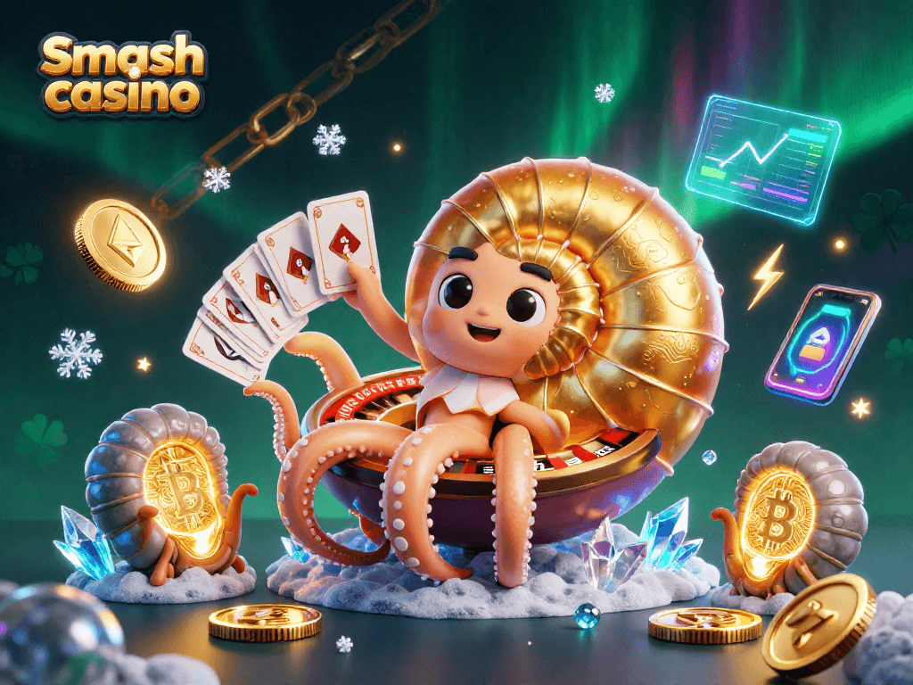 Engage in thrilling gameplay at Smash casino featuring a giant nautilus roulette wheel and glowing crypto coins.
