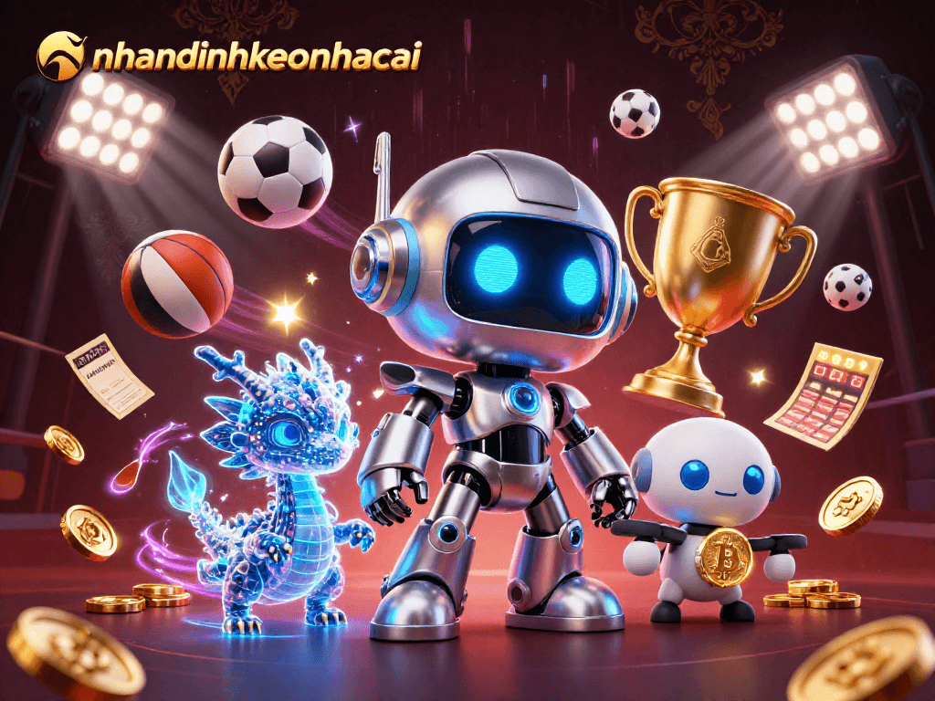 Experience nhandinhkeonhacai with a cyberpunk robot and AI dragon in a vibrant sports betting scene.