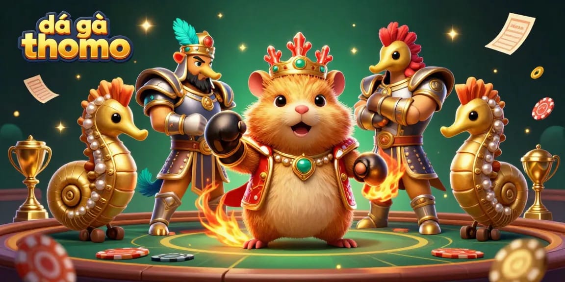Witness the intense action of đá gà thomo with a golden hamster king at a royal arena, surrounded by royal guards, showcasing the thrill of cockfighting.