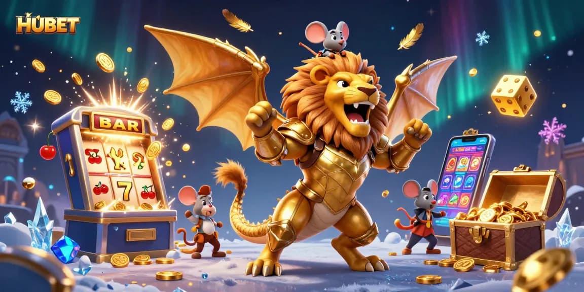 Experience the excitement of HUBET with a lively jackpot scene featuring golden chimera and dynamic casino elements.