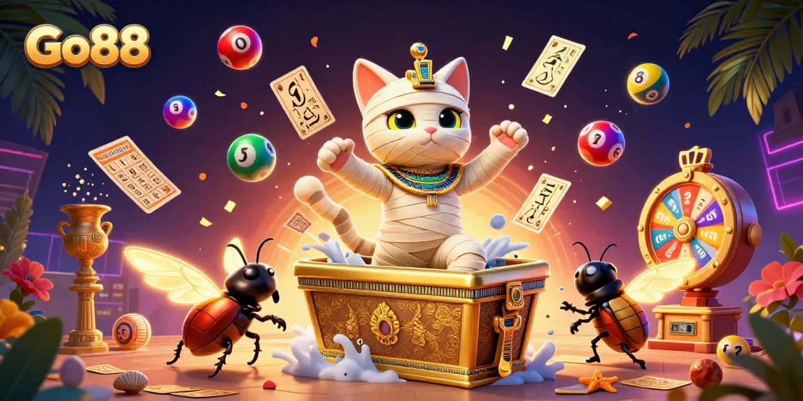 Play exciting games at Go88 with a colorful 3D casino illustration featuring an Egyptian mummy cat and dynamic gaming elements.