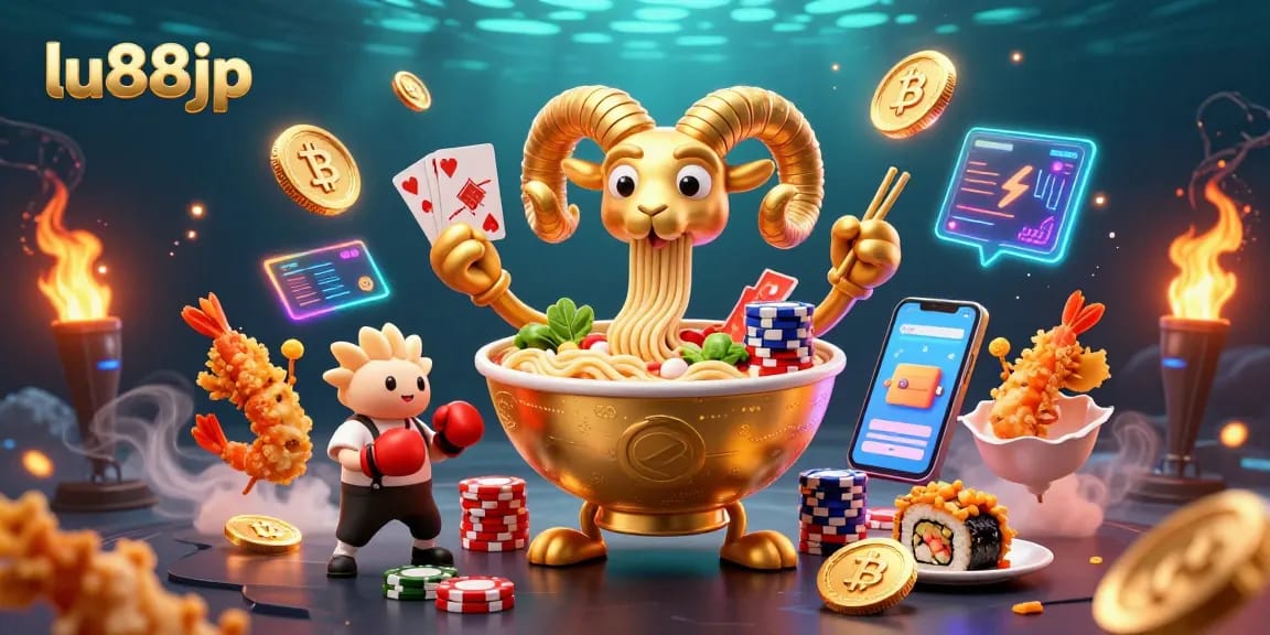 Experience excitement at lu88jp with a dynamic illustration featuring a giant ramen bowl dealing cards and stacking chips.