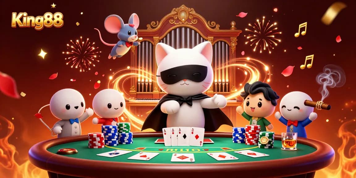 Experience thrilling gaming at King88 with a vibrant casino digital scene featuring an acrobatic mouse and a glamorous phantom cat.
