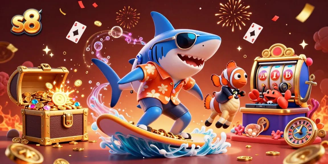 S8 casino scene featuring a shark, clownfish, and crab enjoying vibrant games and winning moments.