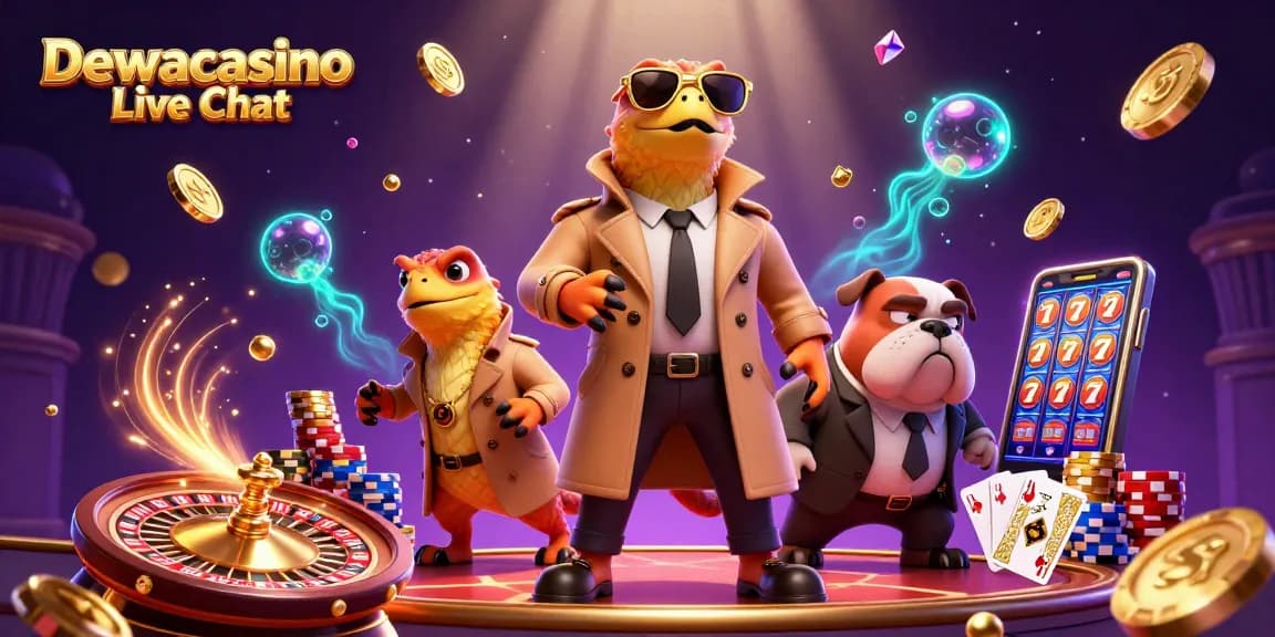 Dewacasino Live Chat features interactive 3D casino illustration with raptors and gaming elements.