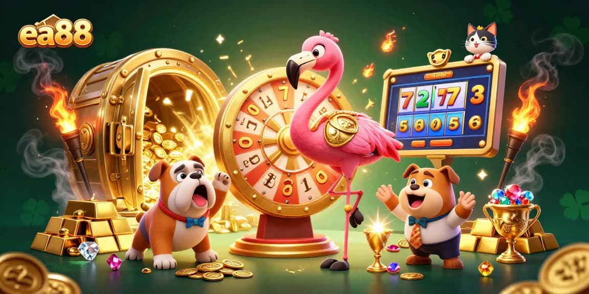 Engage with the excitement of ea88's slot games showcased by a vibrant 3D casino scene.