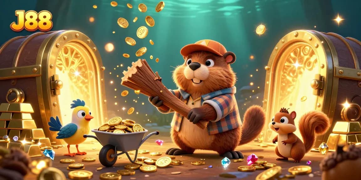 Watch the J88-themed beaver collecting golden coins while enjoying a vibrant casino scene!