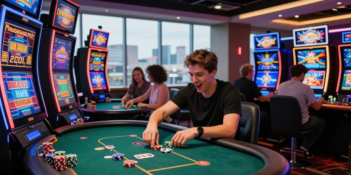 Player enjoying an exciting game at credit card casinos, surrounded by vibrant screens and a lively atmosphere.