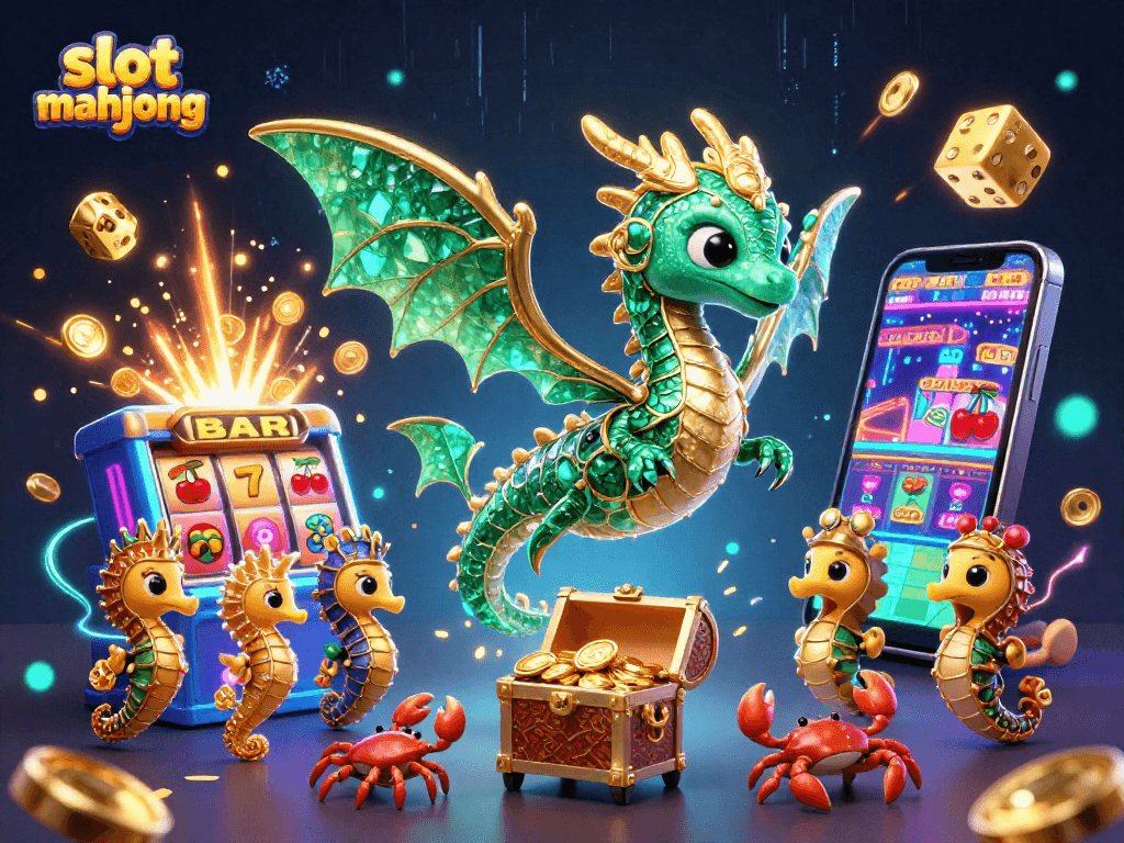 Engage in thrilling slot mahjong adventures with vibrant 3D illustration showcasing epic casino elements.