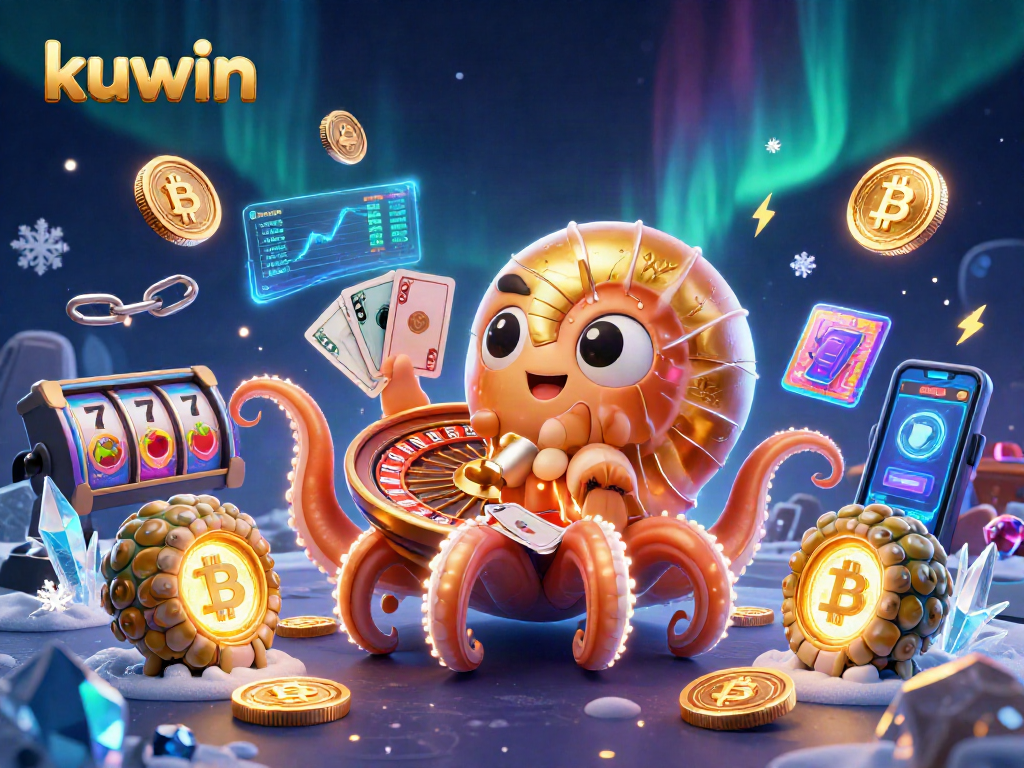 kuwin interactive casino scene with a 3D nautilus roulette wheel and glowing bitcoin coins