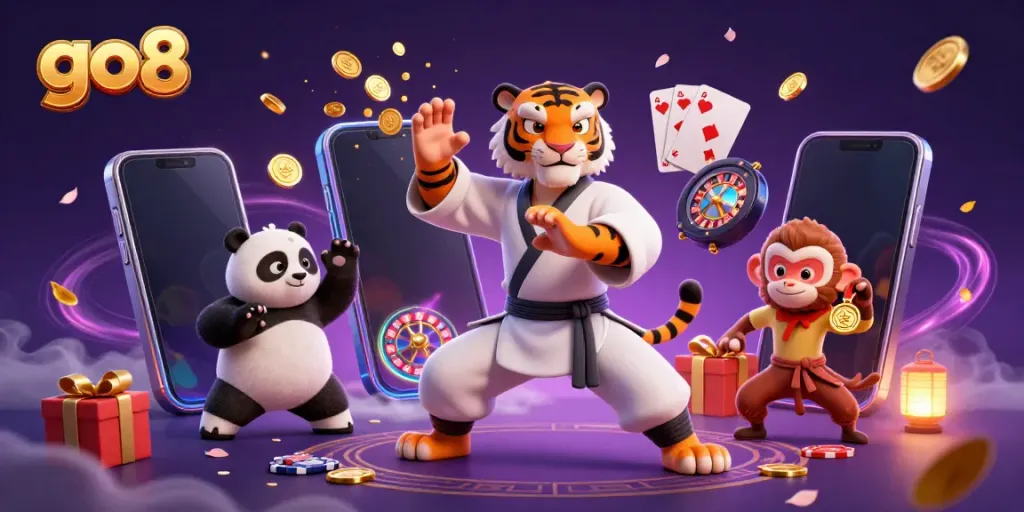 Engage with go8's vibrant casino scene where playful characters embody excitement amidst gaming elements.