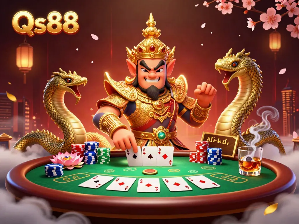 Engage in thrilling poker action at Qs88 with vibrant elements and characters in a rich casino scene.