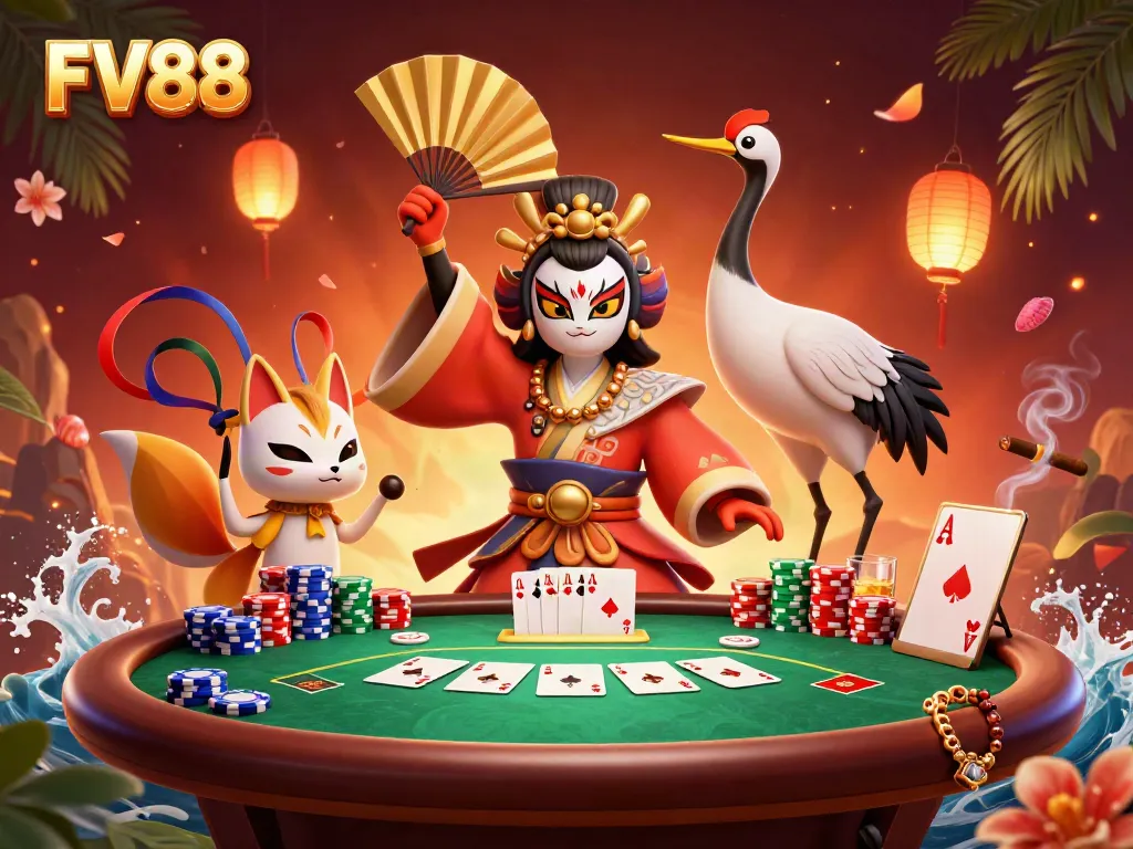 Experience the captivating FV88 logo with a dynamic scene featuring casino elements and vibrant characters.