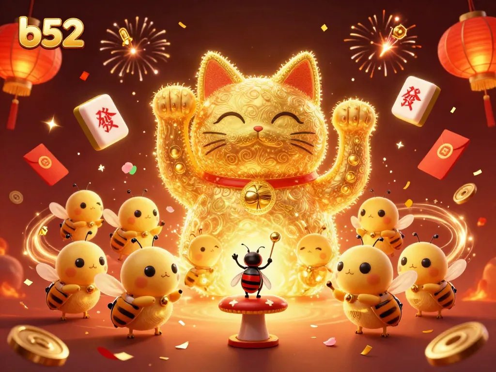 Play exciting b52 casino games featuring a waving lucky cat and dynamic casino symbols.