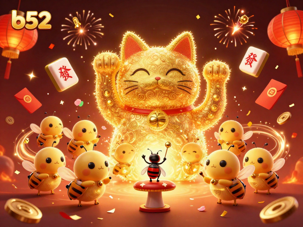 Play exciting b52 casino games featuring a waving lucky cat and dynamic casino symbols.