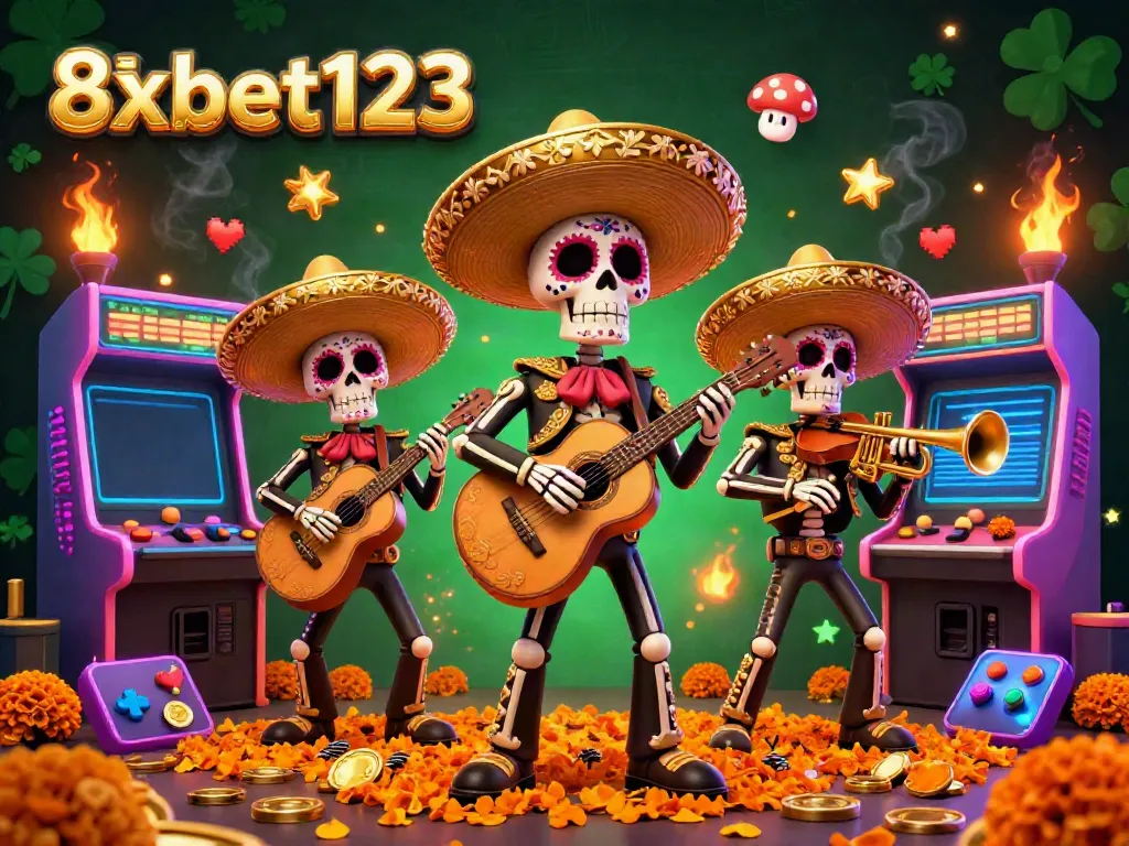 Experience thrilling gaming action at 8xbet123 with colorful mariachis and arcade machines immersing players in excitement.