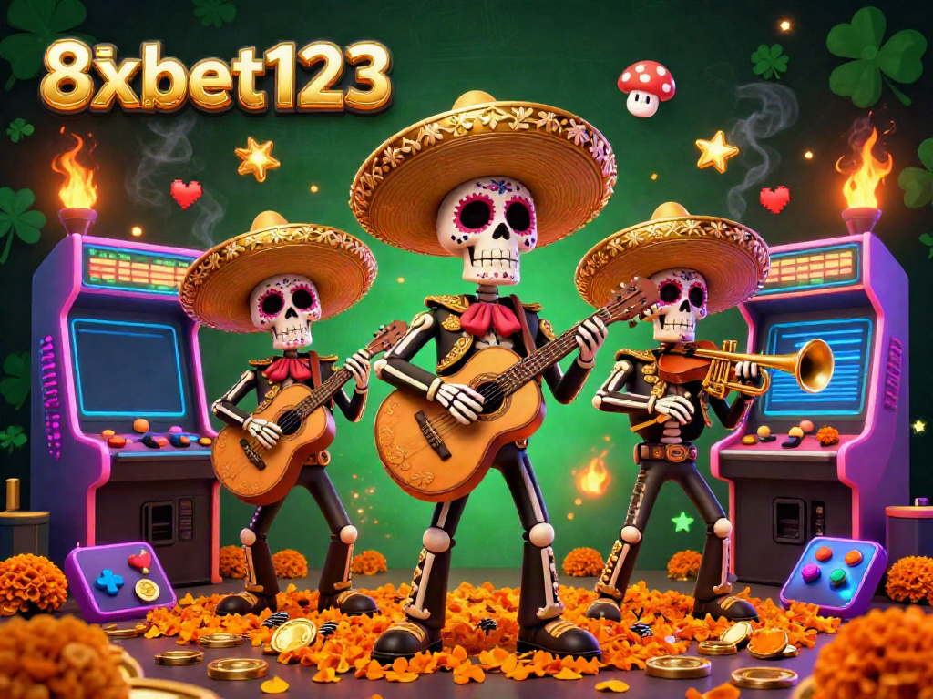 Experience thrilling gaming action at 8xbet123 with colorful mariachis and arcade machines immersing players in excitement.